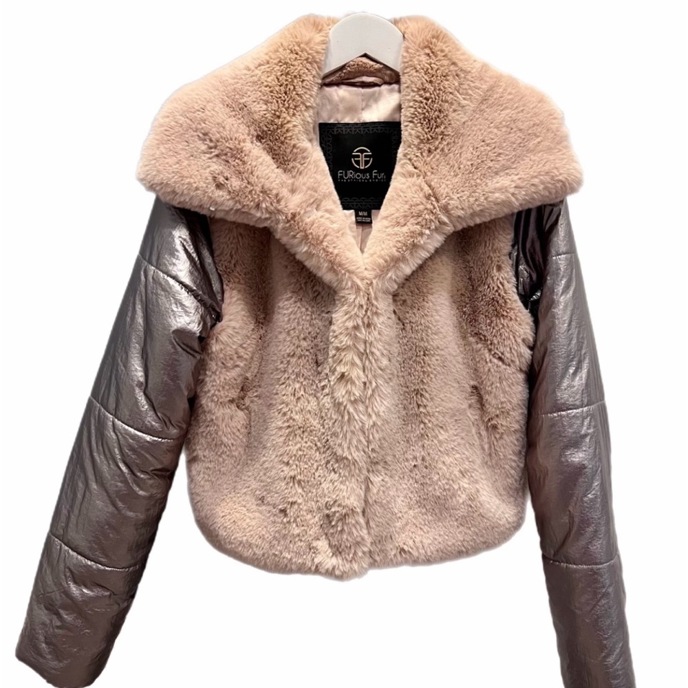 Fur pink jacket with silver metallic sleeves 
(Faux fur)